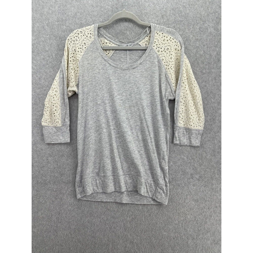Express Women's Raglan Shirt Lace 3/4 Sleeve Gray Marled Size Medium Scoop Neck